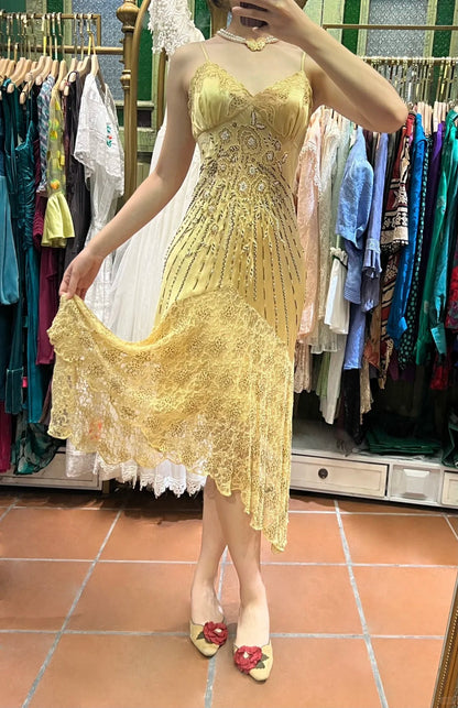 Retro Yellow Irregular Deep V Halter Lace Satin Prom Dress Evening Dress cc5297