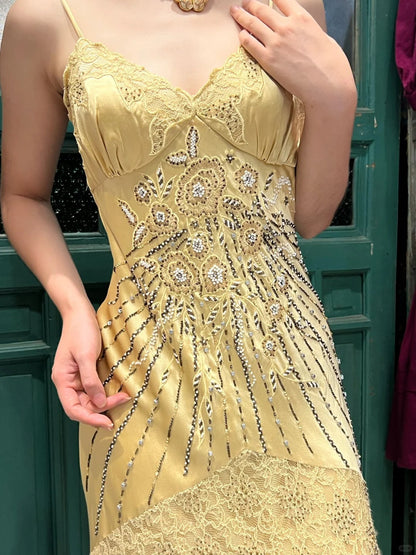 Retro Yellow Irregular Deep V Halter Lace Satin Prom Dress Evening Dress cc5297
