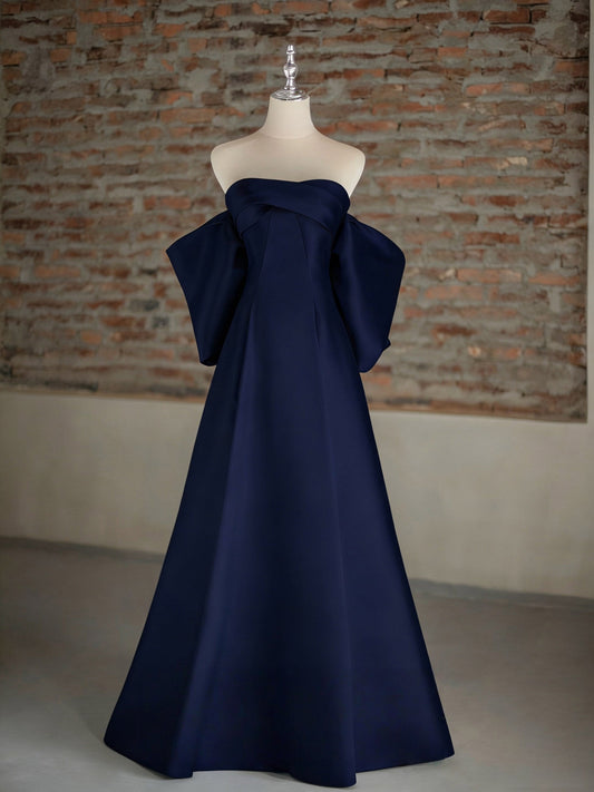 A-Line Sweetheart Neck Satin Dark Blue Long Prom Dress