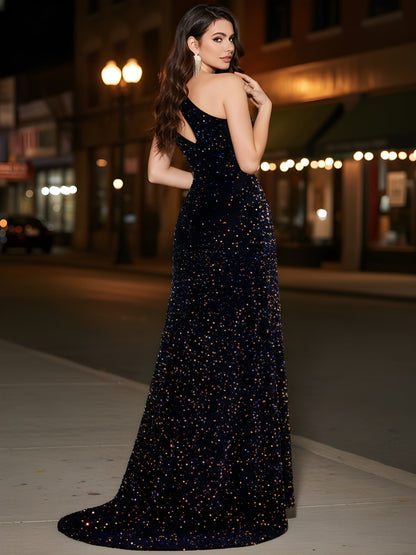Column Silhouette Gown with High Leg Opening Black
