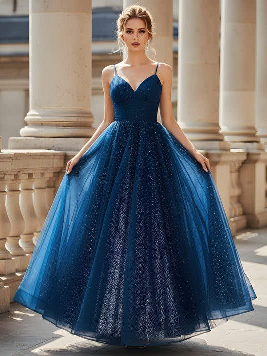 Stardust Tulle A-Line Gown with Spaghetti Straps Dark Navy