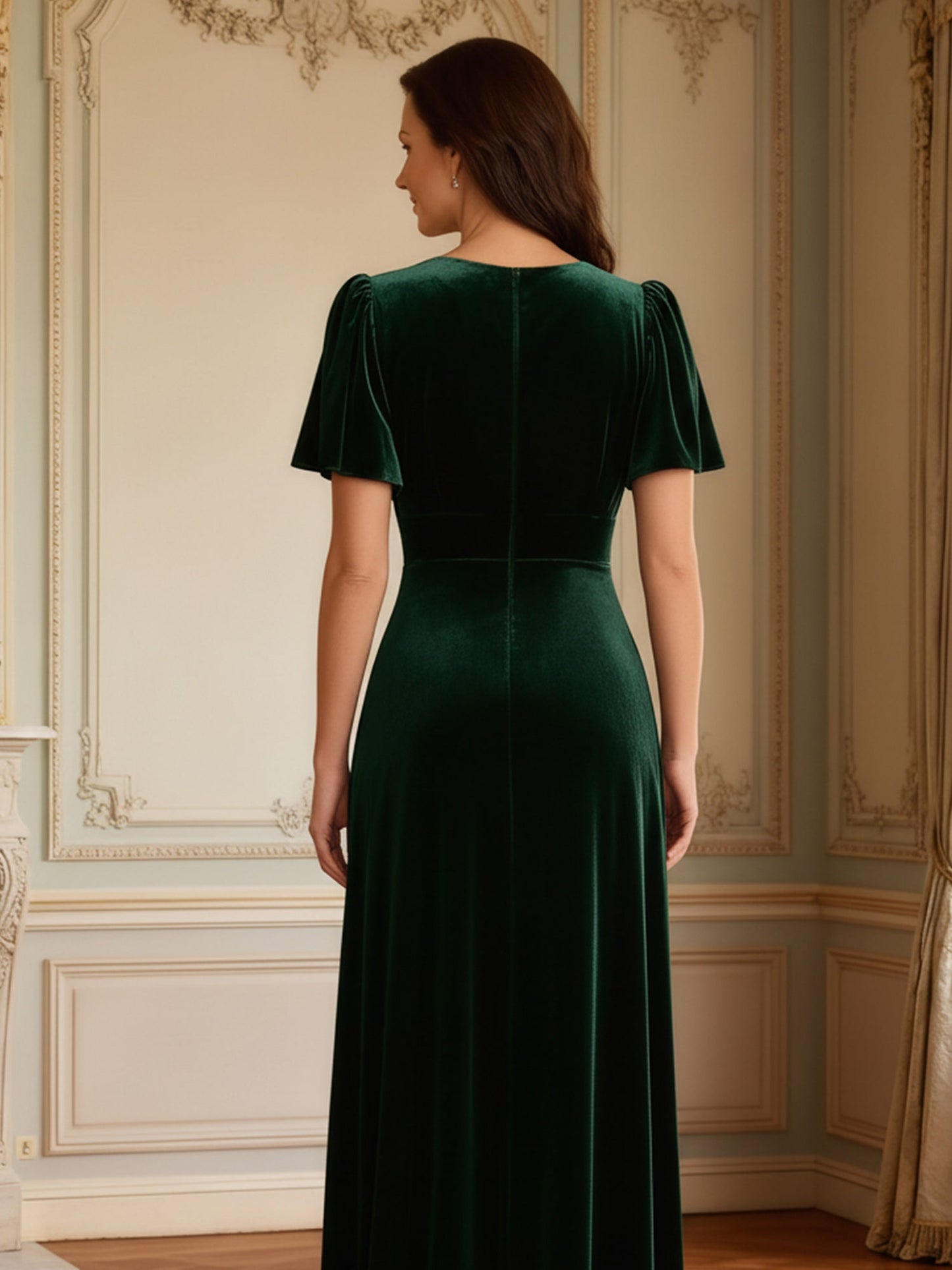 A-Line Flutter Sleeves V-neck Velvet Floor-length Dress Dark Green