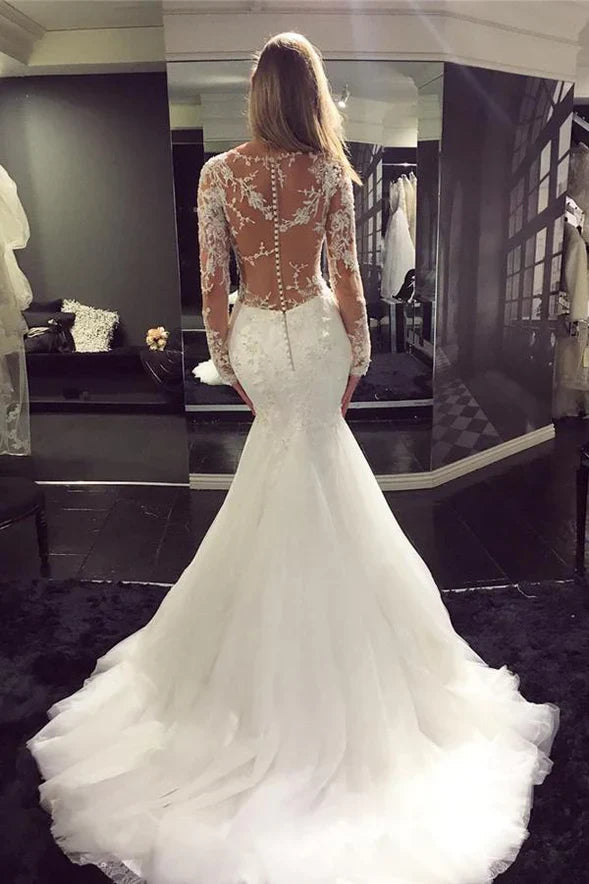 White Tulle Scoop Neck Long Sleeve Mermaid Sweep Train Lace Wedding Dresses