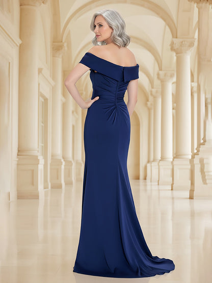 Off-the-Shoulder Pleated Lace Sheath/Column Gown Navy Blue