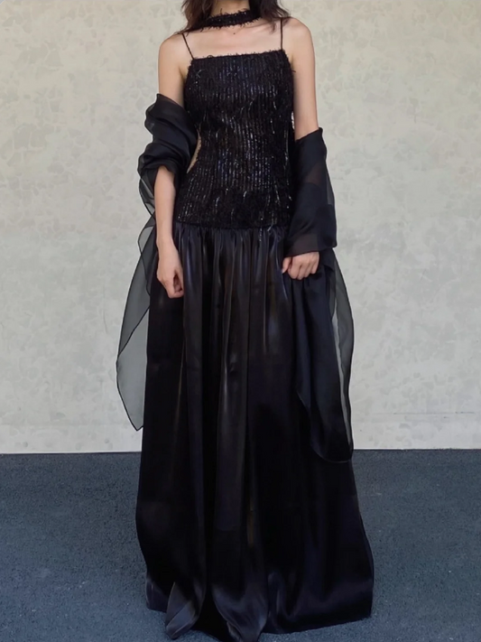 Elegant Black A-line Square Neck Spaghetti Strap Sequined Tulle Long Prom Dress Evening Dress cc5299
