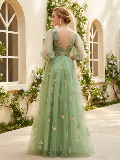 A-Line V-neck Floral Applique Tulle Long Dress Dusty Sage
