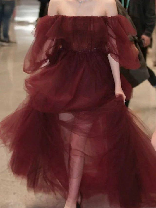A-Line Minimalist Elegant Wedding Guest Formal Evening Dress Off Shoulder Half Sleeve Floor Length Tulle with Overskirt - RongMoon