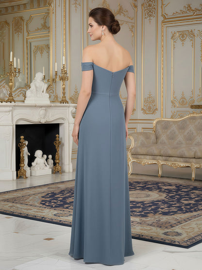 Pleated Off-the-Shoulder Applique Floor-length Dress Slate Blue