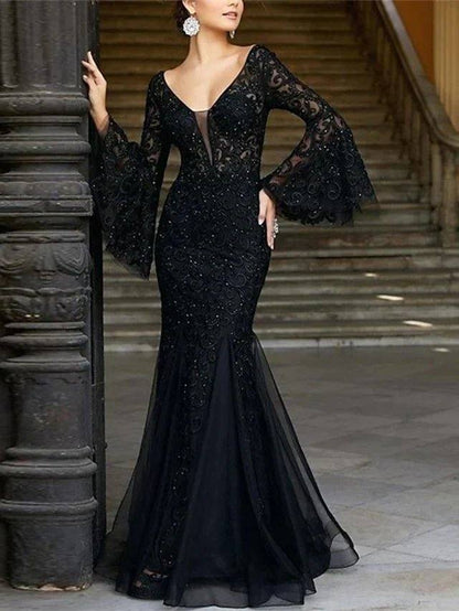 Mermaid / Trumpet Mother of the Bride Dress Elegant Sexy V Neck Floor Length Lace Tulle Long Sleeve with Sequin Appliques - RongMoon