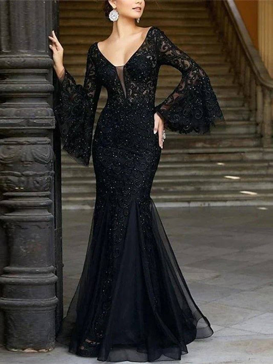 Mermaid / Trumpet Mother of the Bride Dress Elegant Sexy V Neck Floor Length Lace Tulle Long Sleeve with Sequin Appliques - RongMoon