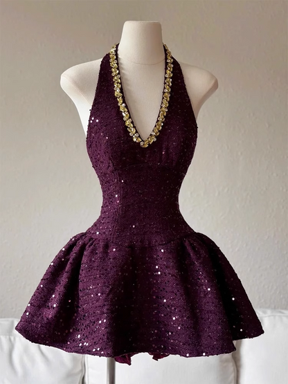 Vintage Purple Sequin Halter Dress Design A-line Party Dress Homecoming Dress HZ1024