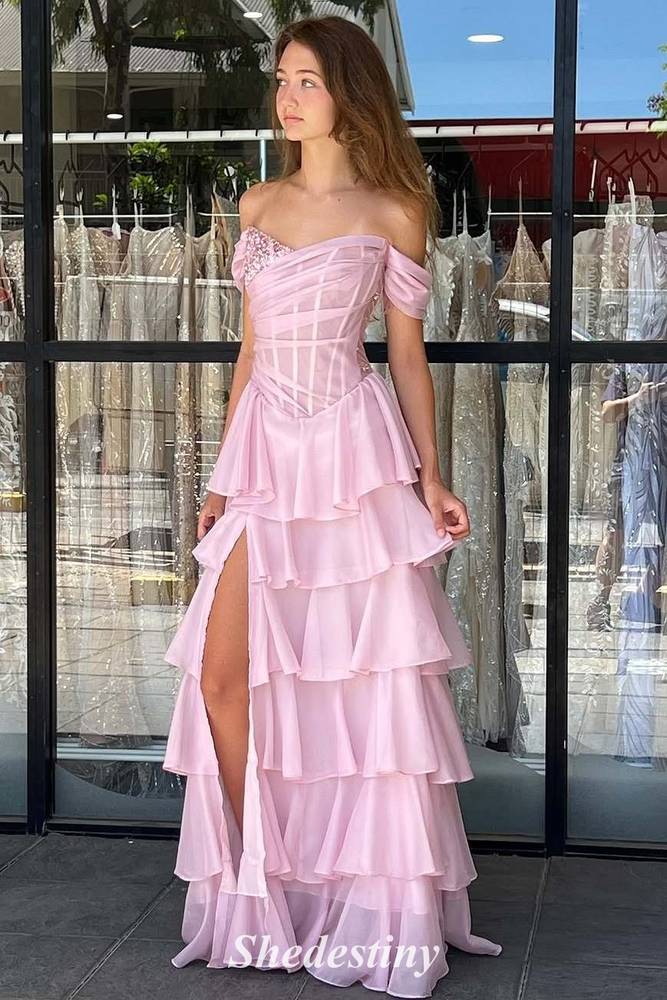 Illusion Pink Off the Shoulder Tiered Ruffles Prom Dress with Slit