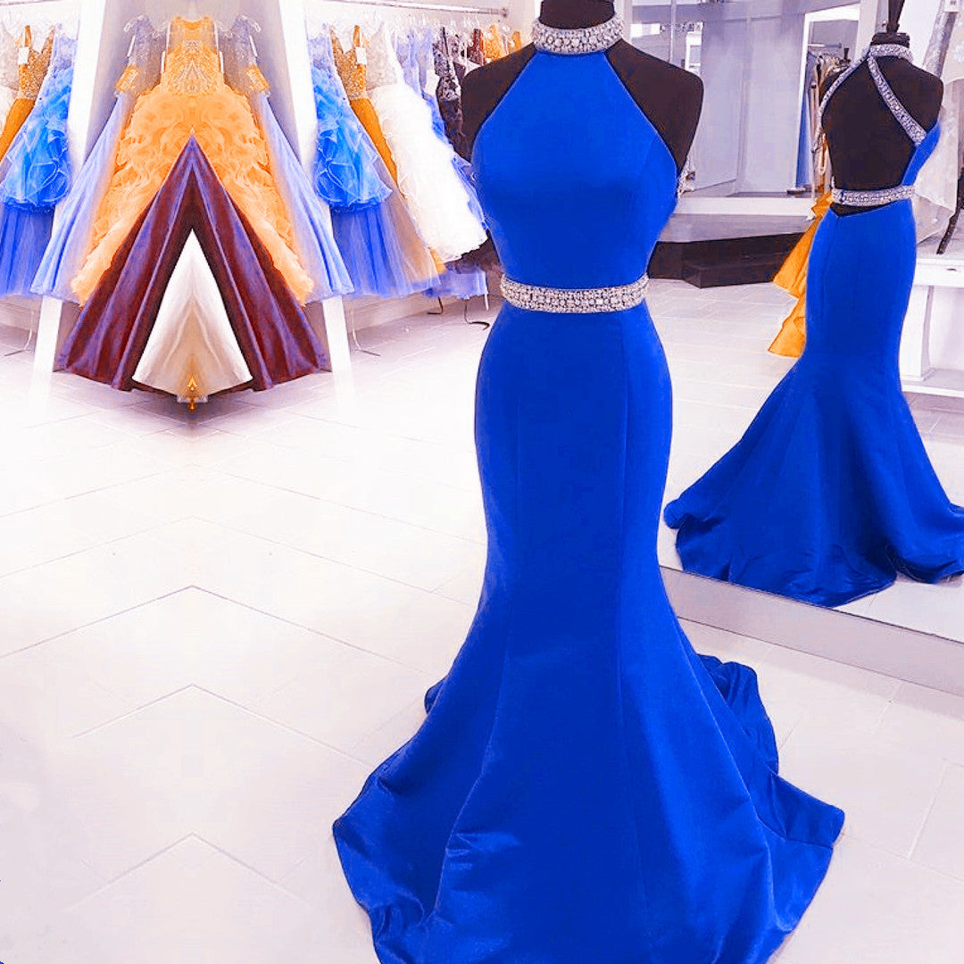 Green Mermaid Halter Prom Dresses Satin Open Back