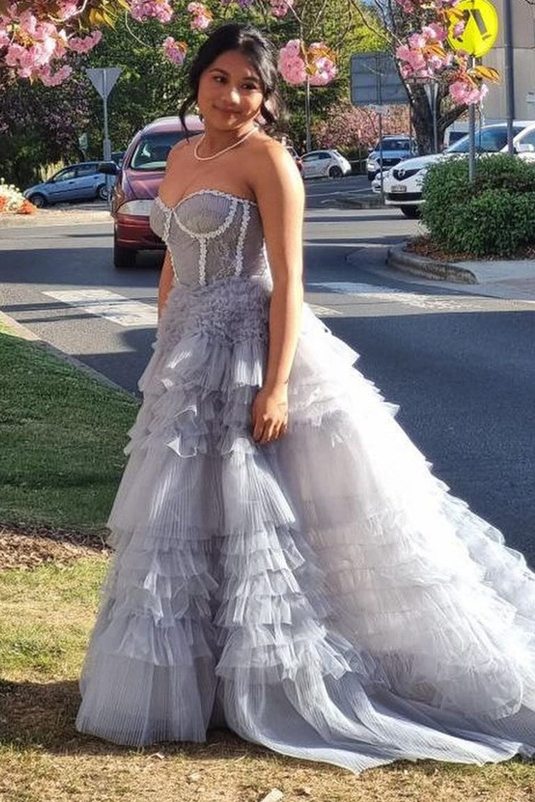 Princess Periwinkle Strapless Tiered Prom Gown
