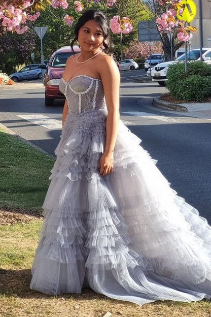 Princess Periwinkle Strapless Tiered Prom Gown