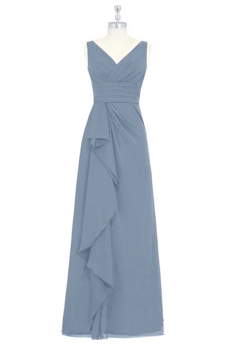 Dusty Blue V-Neck Backless Ruffled Long Bridesmaid Dress