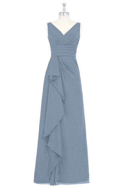 Dusty Blue V-Neck Backless Ruffled Long Bridesmaid Dress