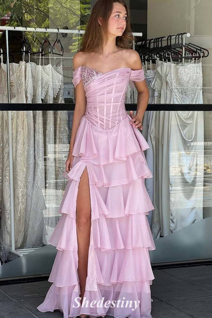 Illusion Pink Off the Shoulder Tiered Ruffles Prom Dress with Slit