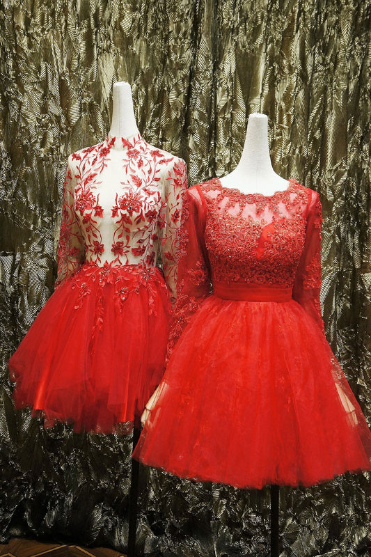 Red lace long prom dress red tulle lace short prom dress
