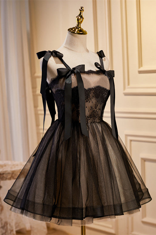 Black Lace Straps A-Line Homecoming Dress with Bows