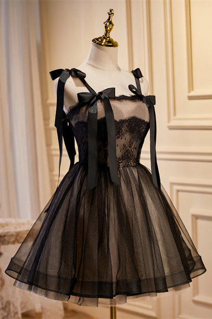 Black Lace Straps A-Line Homecoming Dress with Bows