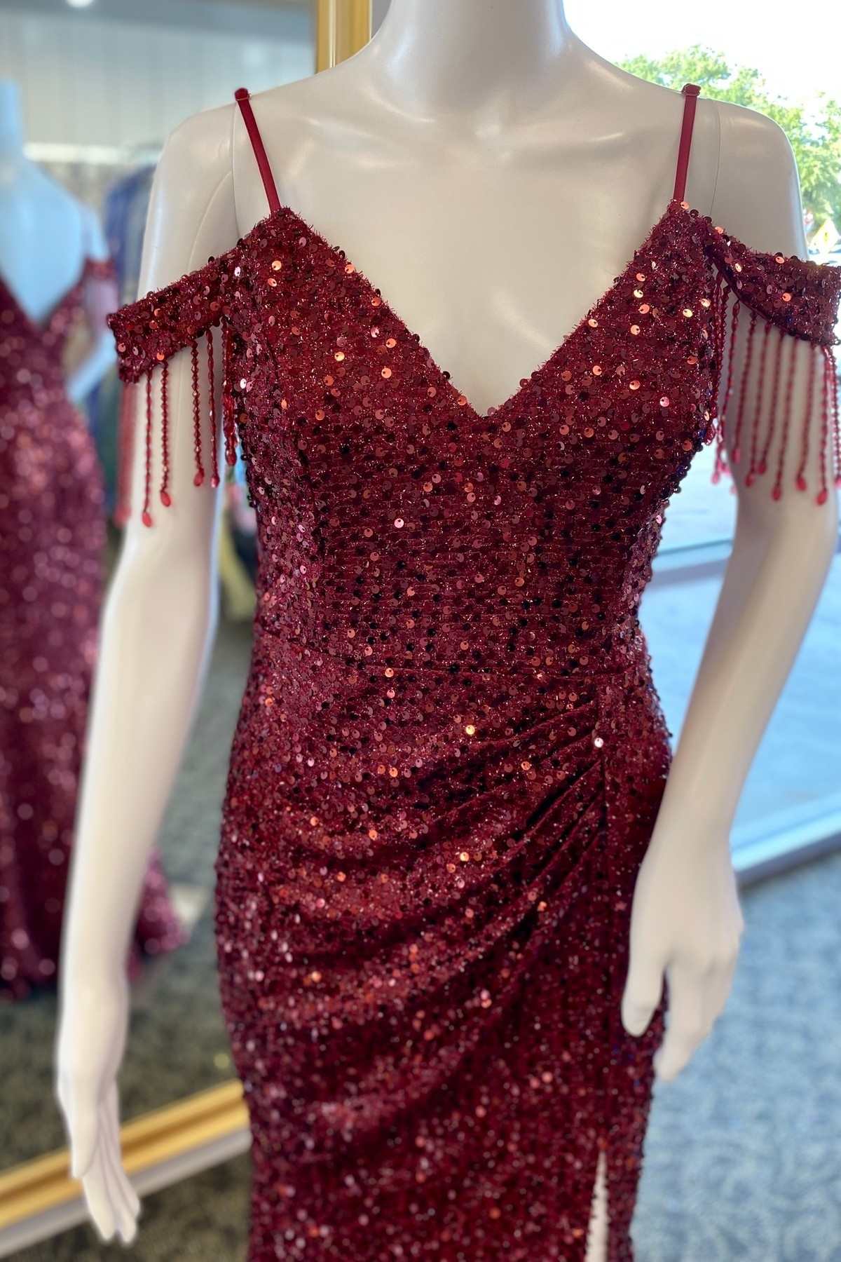 Royal Blue Sequin Cold-Shoulder Fringes Long Prom Dress with Slit