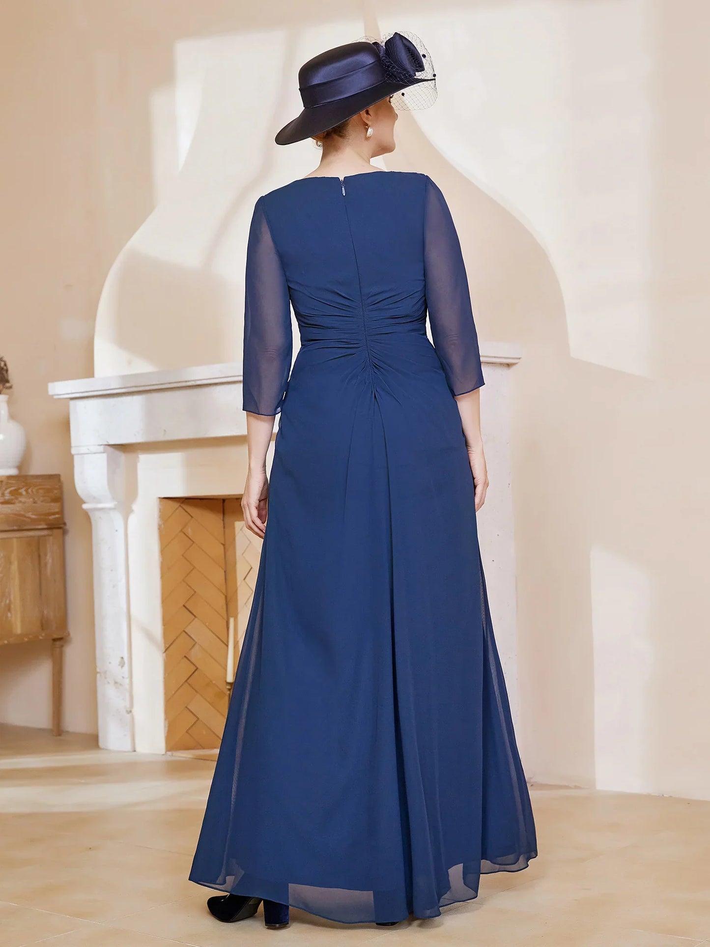 3/4 long sleeved V-neck pleated long mother of the bride dress