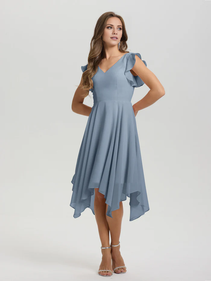 Lotus leaf edge sleeve V-neck asymmetrical tea long chiffon tea long bridesmaid dress