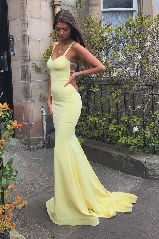 Simple sweetheart yellow satin long prom dress yellow formal dress