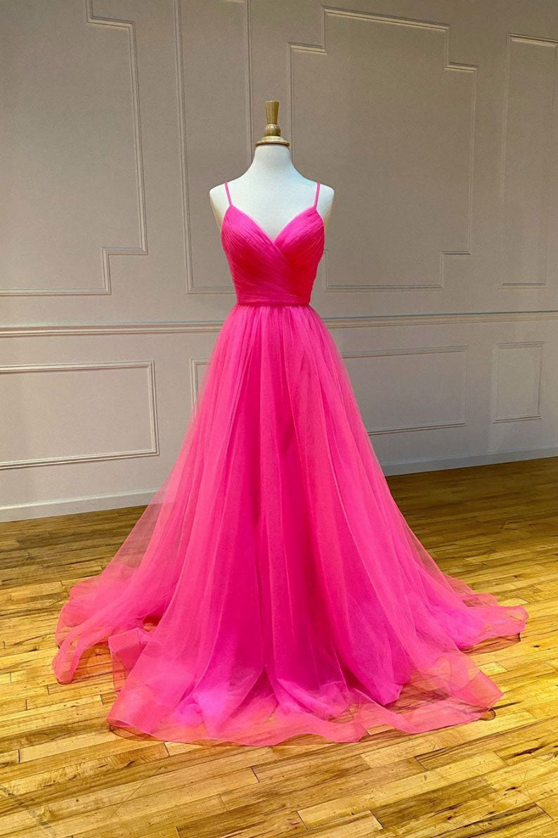 Simple pink tulle long prom dress pink tulle formal dress