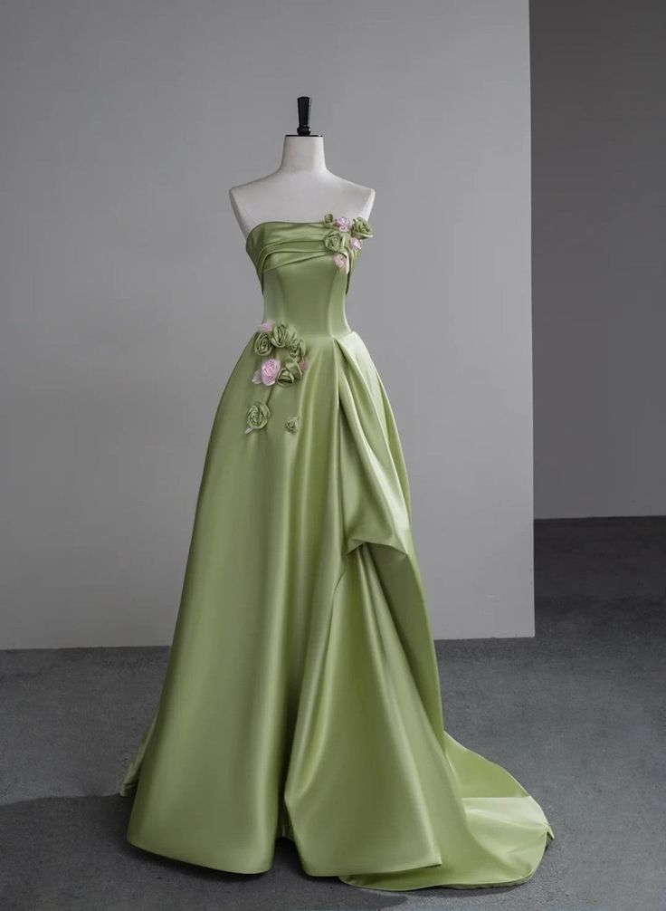Elegant Green Satin Party Dress With Flowers, Green Long Prom Dress  cc1442