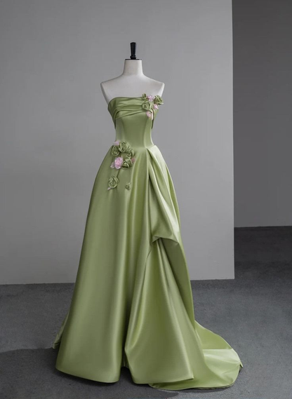 Elegant Green Satin Party Dress With Flowers, Green Long Prom Dress  cc1442