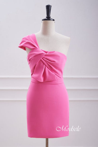 One Shoulder Twist Knot Hot Pink Tight Homecoming Dress
