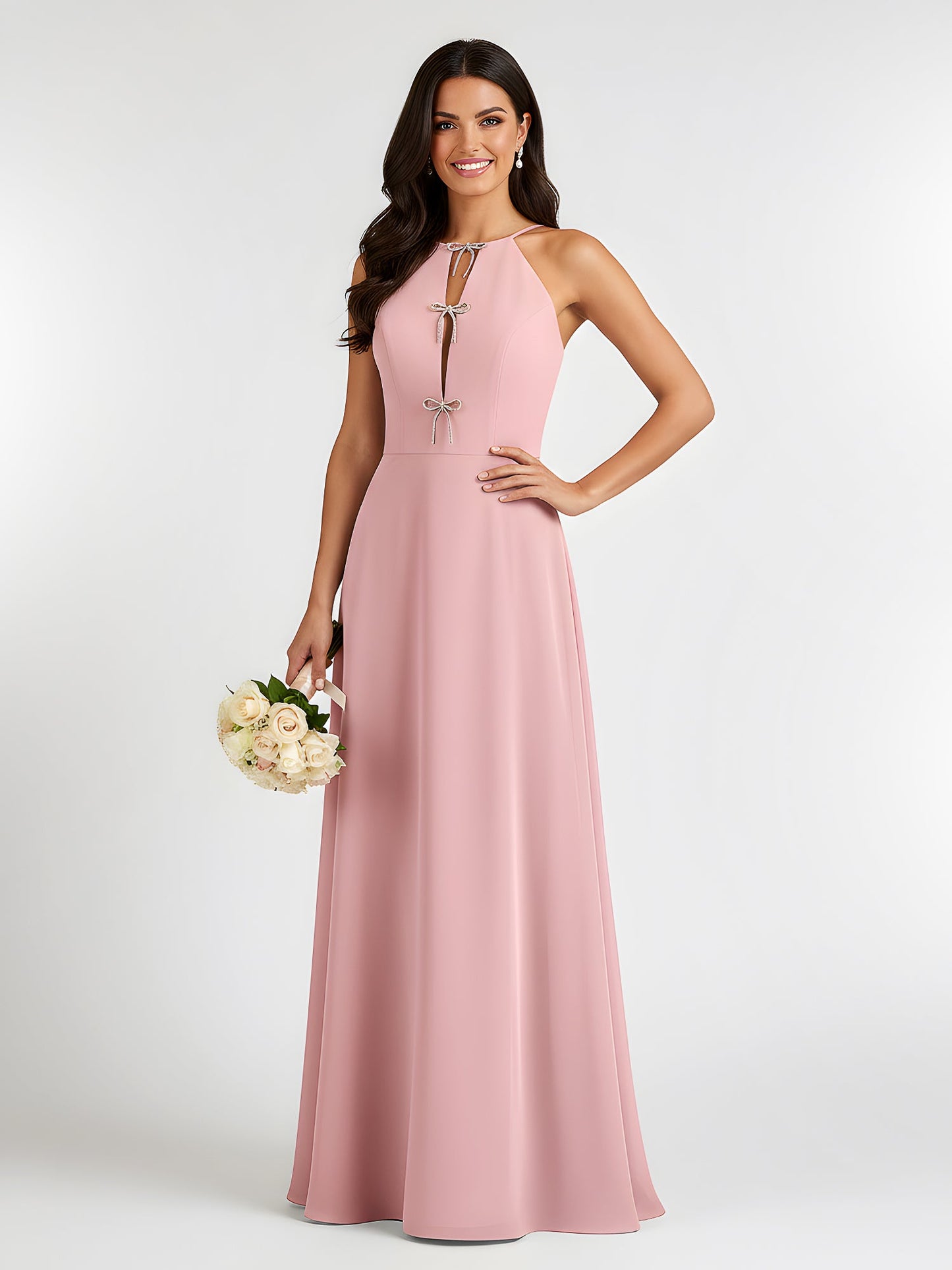 A-Line Chiffon Sleeveless Bow Halter Neck Dresses Dusty Rose