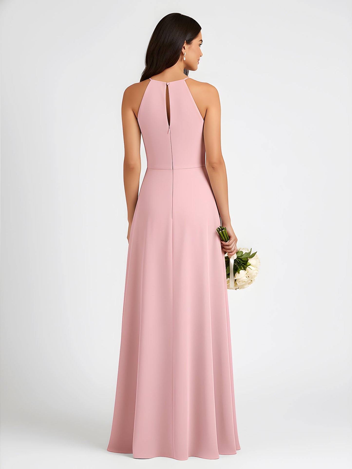 A-Line Chiffon Sleeveless Bow Halter Neck Dresses Dusty Rose
