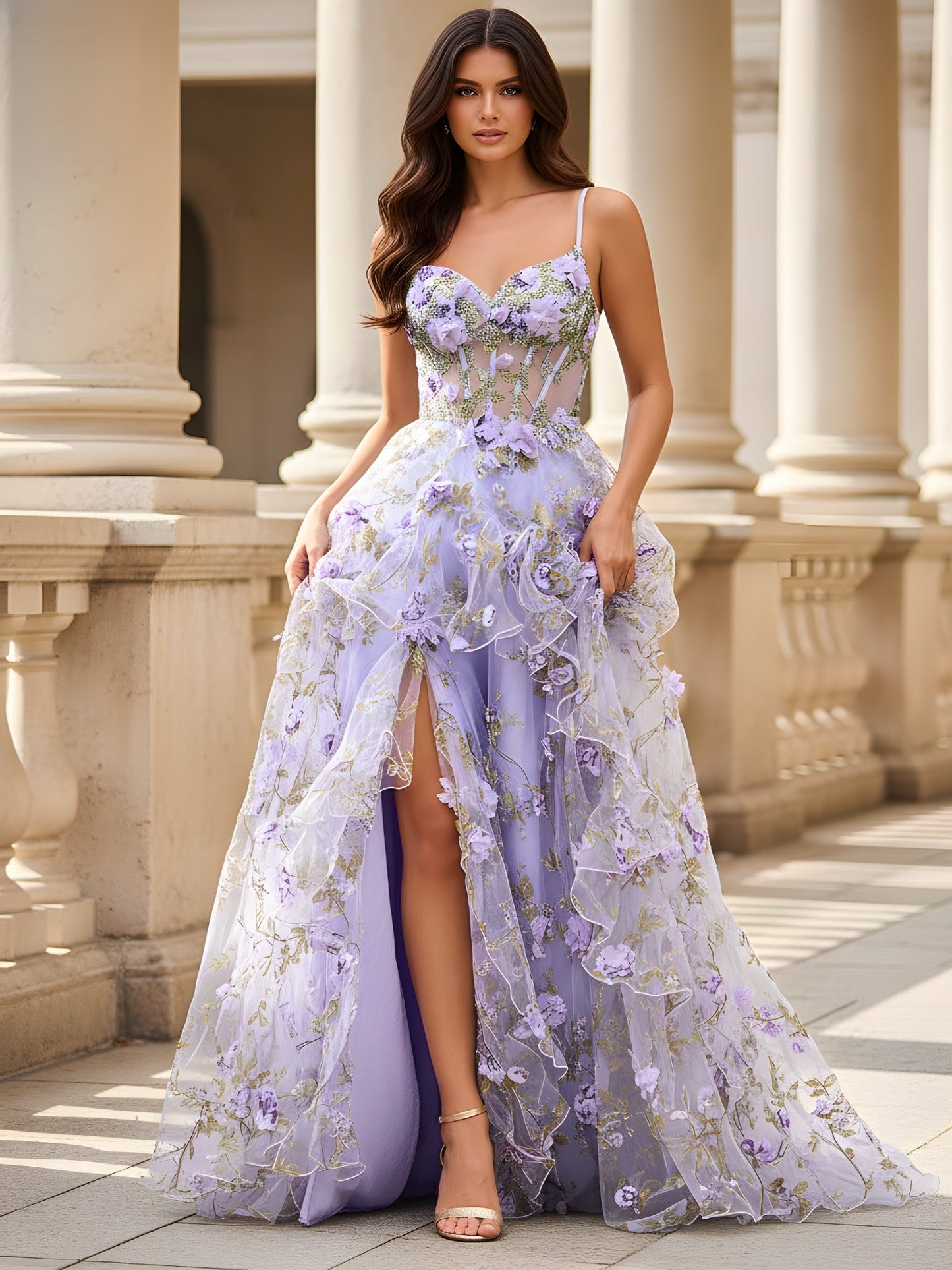 Sweetheart Corset 3D Floral A-Line Dress With Slit Lavender