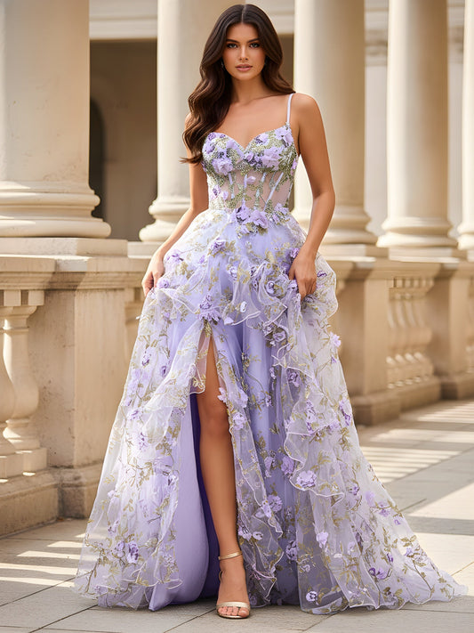 Sweetheart Corset 3D Floral A-Line Dress With Slit Lavender