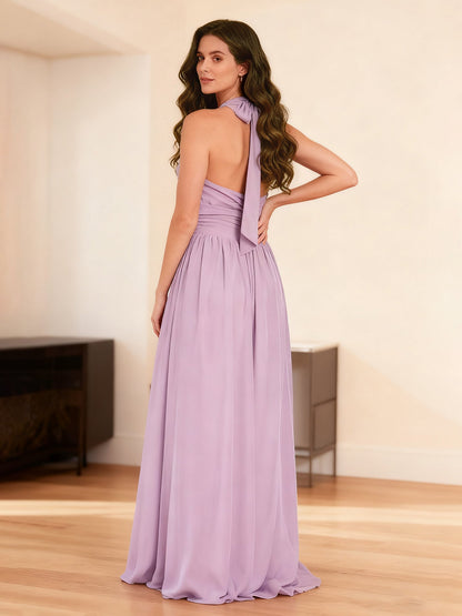 Halter Neck Pleated Ruffles Chiffon A-Line Dress Wisteria