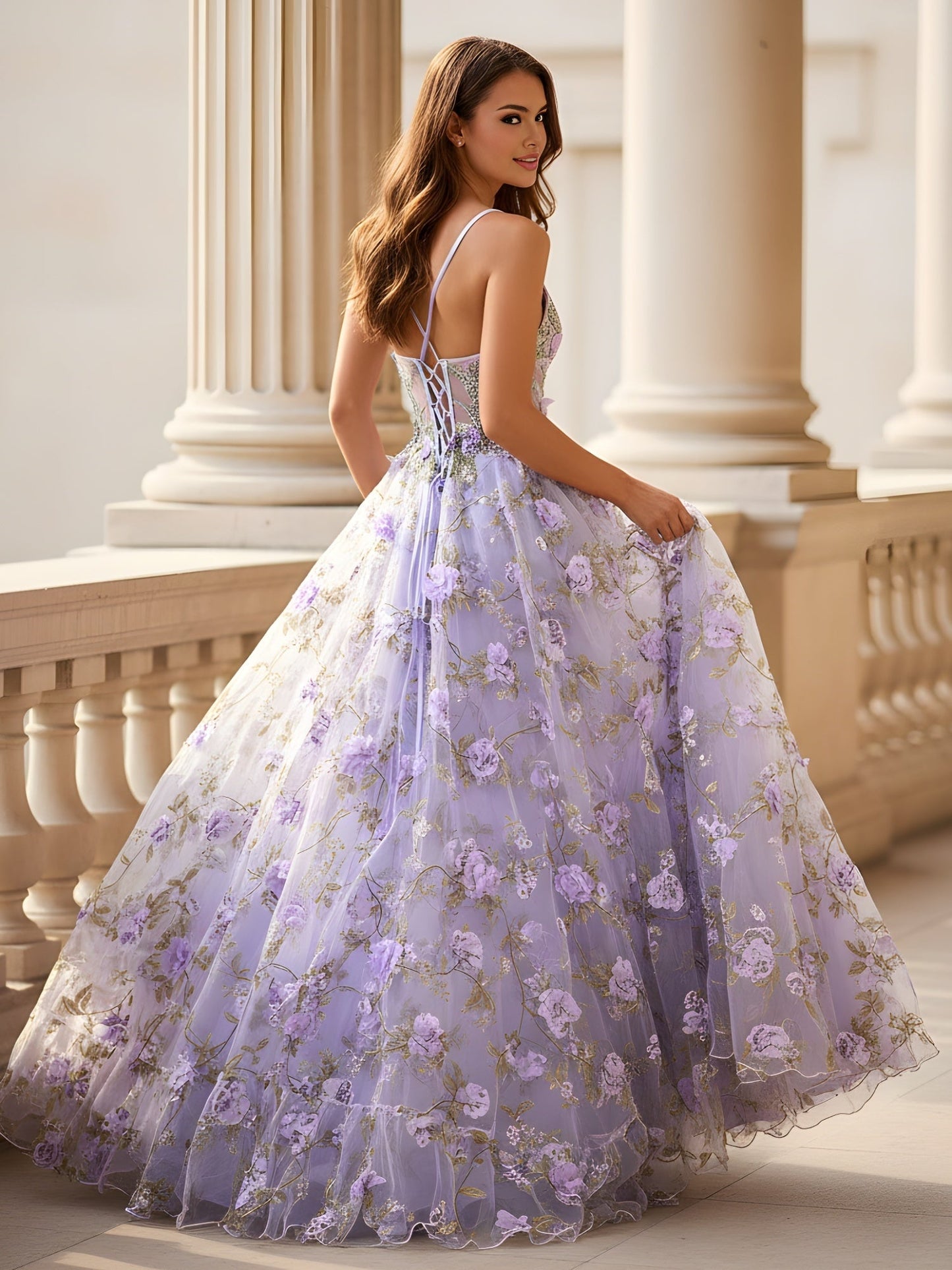 Sweetheart Corset 3D Floral A-Line Dress With Slit Lavender