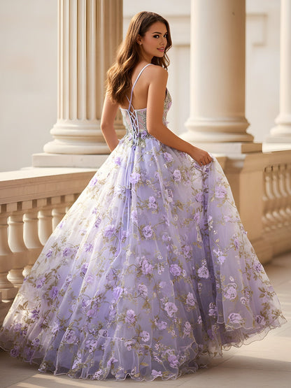 Sweetheart Corset 3D Floral A-Line Dress With Slit Lavender