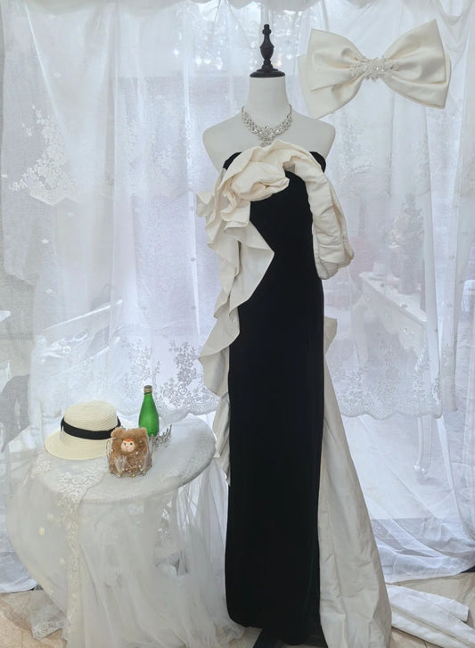 Elegant Black And White Color-Blocked Mermaid Strapless Velvet Satin Long Prom Dress Evening Dress cc5303