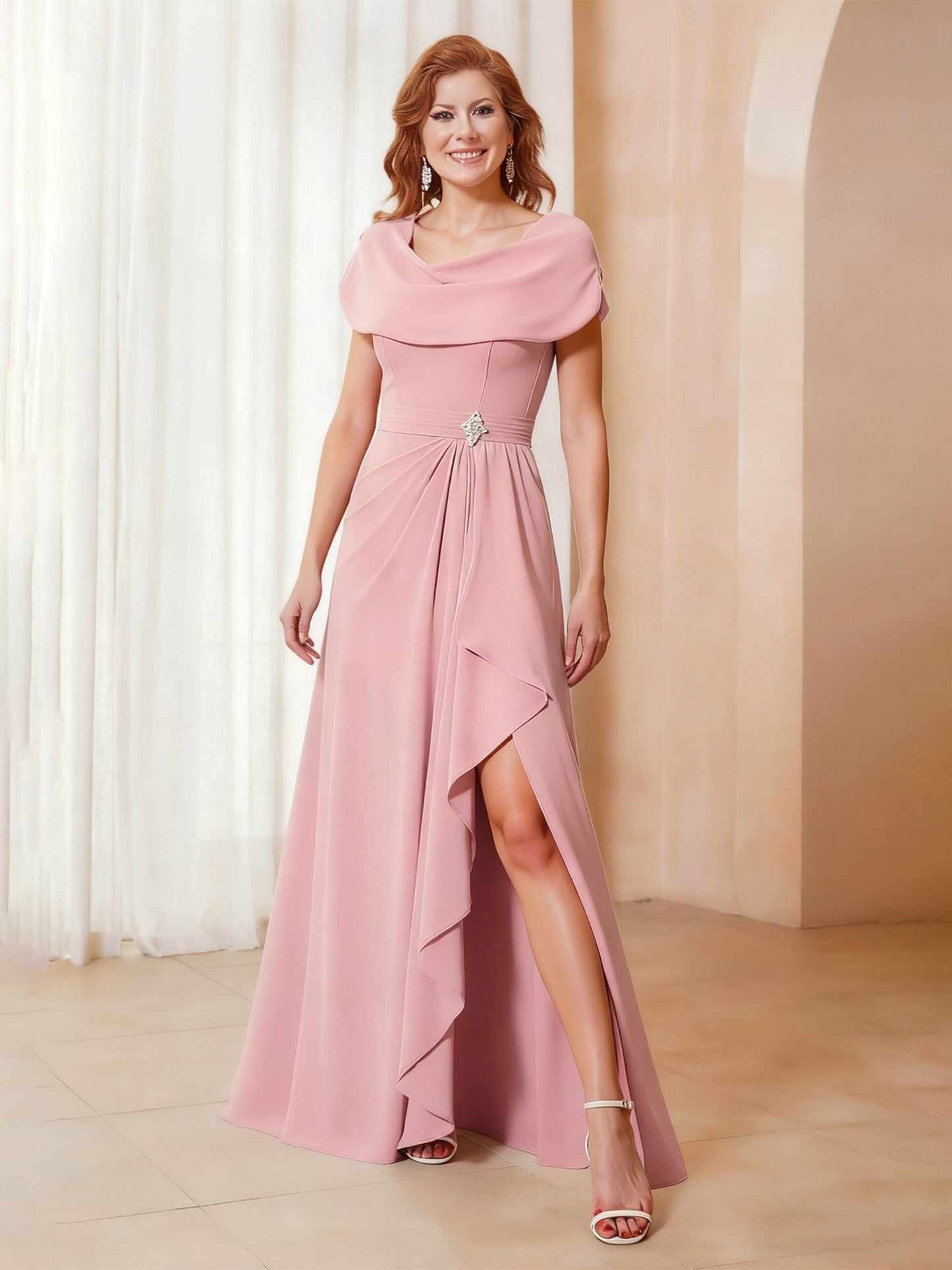 Cowl Neck A-Line Chiffon Ruffle Long Dress With Slit Dusty Rose