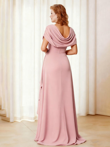 Cowl Neck A-Line Chiffon Ruffle Long Dress With Slit Dusty Rose
