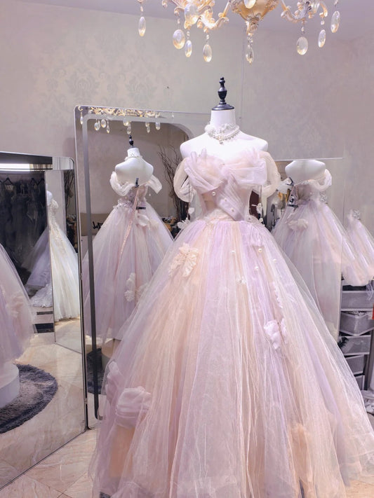 Dreamy Light Pink Off-shoulder Tulle Floor-Length Ball Gown Evening Dress cc5304