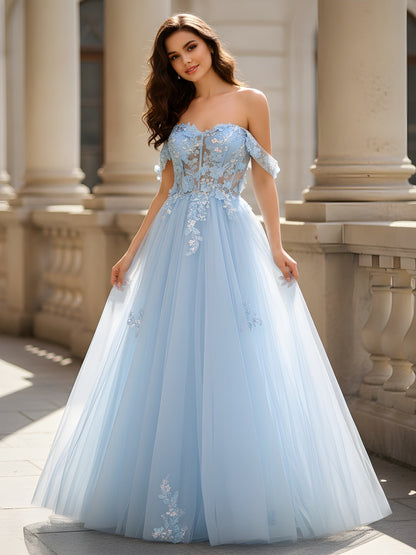 Off-the-shoulder Appliqued Corset A-Line Tulle Dress Sky Blue