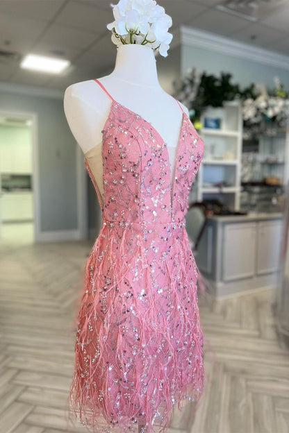 Pink Tulle Sequin Plunge V Short Cocktail Dress with Feathers