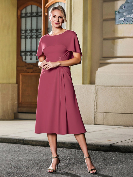Scoop Neck Flutter Sleeves Appliqued Tea-length Dress Cinnamon Rose