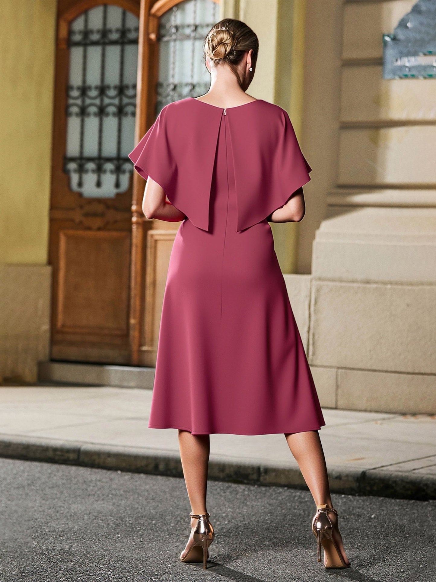 Scoop Neck Flutter Sleeves Appliqued Tea-length Dress Cinnamon Rose