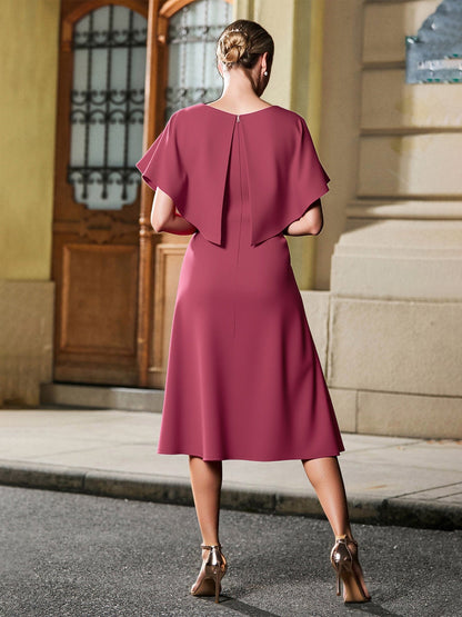 Scoop Neck Flutter Sleeves Appliqued Tea-length Dress Cinnamon Rose