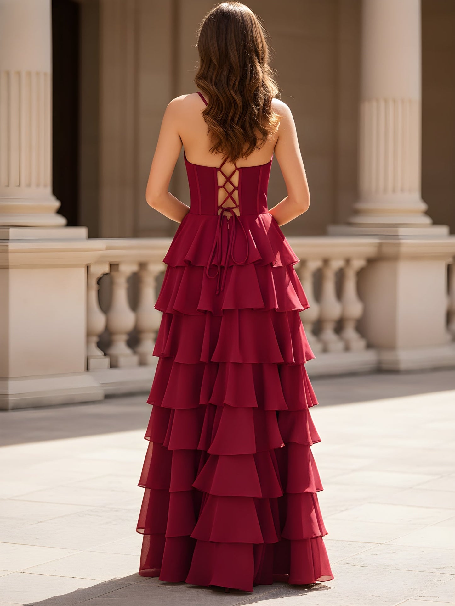 Sweetheart Neck A-Line Tiered Chiffon Slit Dress Burgundy